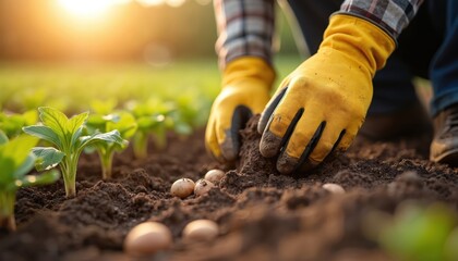 Hands in yellow gloves plant potato seeds in dark soil at sunrise. Young green sprouts grow in rows on a farm field. Farming preparation for spring harvest, rural cultivation.