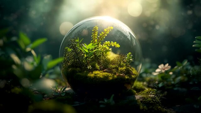 Glass Sphere Terrarium Filled with Lush Green Moss Ferns and Plants in Forest Setting