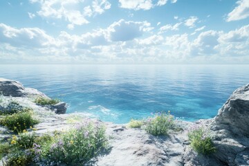 Serene coastal view with flowers and clear blue waters during a sunny day