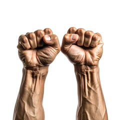 Two tightly clenched fists rise against a stark black background.