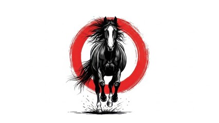 Black horse running in front of a red circle on isolated white background