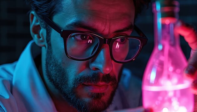 Scientist in glasses examines pink liquid in flask. Man works late night in dark lab with neon lights. Focused researcher makes chemical experiment. Discovery ahead.