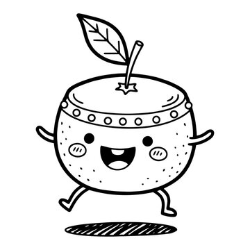 Happy kawaii mandarin orange mascot jogging with big smile and leaf stem &ndash; playful Chinese New Year citrus character black and white vector