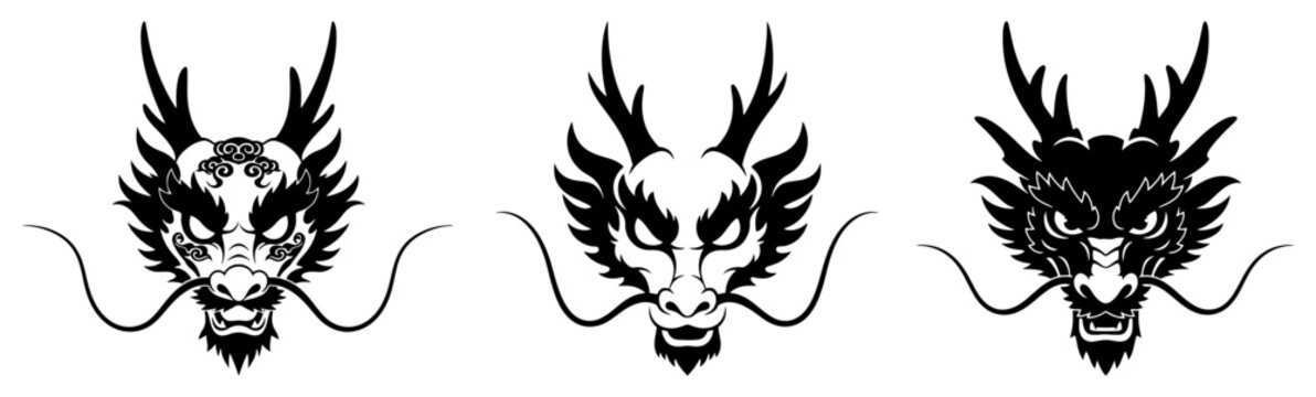 Triple Chinese dragon heads linked by swirling whiskers forming elegant border divider &ndash; stylish black and white vector panel