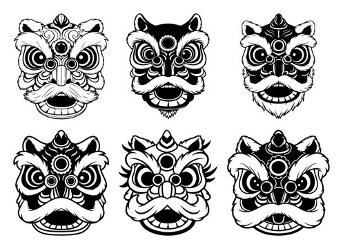 Collection of six expressive Chinese lion dance masks with varied festive emotions &ndash; bold black and white vector icon set