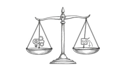 Sketch of a balance scale weighing creative ideas and mechanical gears against successful execution and completion symbols