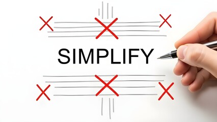 Hand holding a pen pointing toward the word simplify surrounded by red crosses symbolizing complexity reduction
