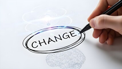 Hand drawing the word change circled with glowing neon lines near an abstract illuminated lightbulb and brain graphic