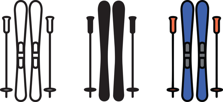 Ski and ski poles icon set outline solid and colored vector graphics