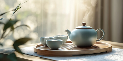 Fototapeta premium Tea pot with steaming tea and cups on wooden tray indoors 