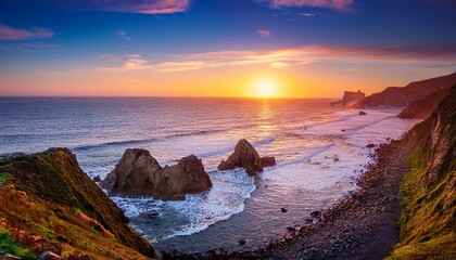 Obraz premium Rocky Coastline At Colorful Sunset Scenic Seascape Ocean Beach