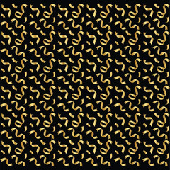 a seamless pattern composed of stylized, gold-colored currency symbols on a black background. 
