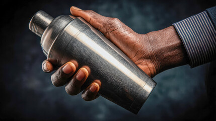 Hand holding a cocktail shaker in a dark setting with focus on the shaker's metallic surface and hand details