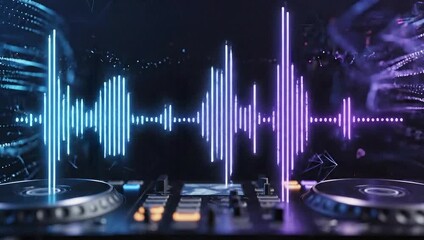 Audio controller with sound wave visuals in neon blue and purple