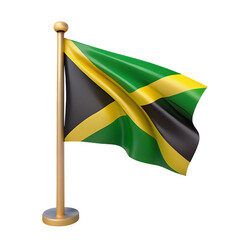 Jamaican flag waving on a wooden flagpole isolated on transparent background