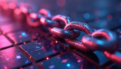 Glowing metal chain rests on futuristic digital circuit board. Network security, data encryption, and decentralized tech represented by interconnected links. Safe digital assets and crypto.