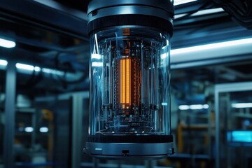 Advanced technology display showcasing an illuminated reactor in a modern facility