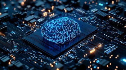 A glowing blue brain on a computer circuit board represents artificial intelligence and technology