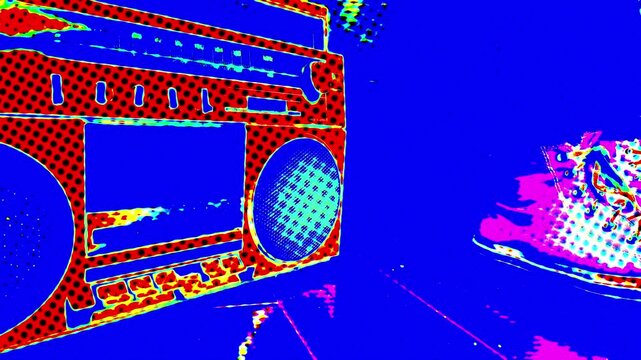 A vintage 80's stereo boombox and a tapping foot edited with colorful half-tone effects. Shot from a motorized slider.
