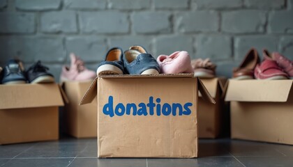 Cardboard boxes filled with used shoes sit ready for a community shoe donation drive. Footwear for adults and children is visible, offering hope to needy families.