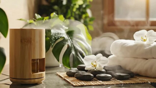 Serene wooden aroma diffuser with mist and spa stones