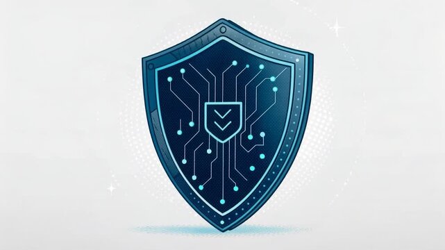 Futuristic shield cyber security digital protection network defense icon glowing technology, glossy blue metal badge with data privacy firewall network safety secure encryption concept and modern