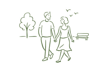 Couple walking in park line sketch vector illustration