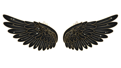 Obraz premium Majestic pair of black angel wings adorned with intricate golden patterns and twinkling stars, creating a celestial and enchanting visual.