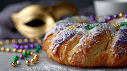 new orleans king cake editorial, a high-fashion magazine aesthetic editorial shot of a new orleans king cake, featuring a heavily glazed cake with shimmering colored sugar and festive beads and a