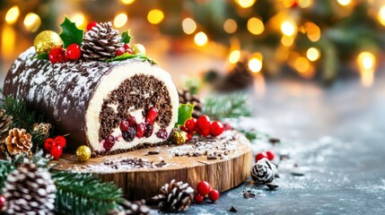 Christmas Log: A festive dessert, a culinary centerpiece perfect for celebrating the holiday. This image of the traditional Christmas log cake is filled with joy.