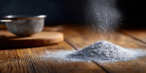 flour sifting art, dramatic wide shot of a wooden kitchen counter with sifted flour deep sharp focus on grains of flour, with vintage metal sifter beside moody lighting