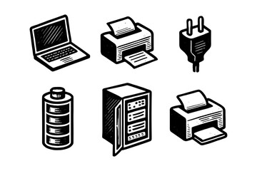 Hand-drawn tech icons: laptop, printer, plug, battery, server in black and white