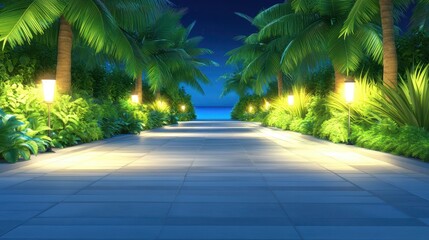 Nighttime Oasis: A tranquil pathway guides the eye towards the tranquil ocean. Flanked by lush palms and soft lighting, promising a serene escape.