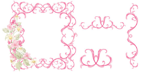 Watercolor pink baroque frames. Valentine's Day, pink flowers, heart. Pink floral frame in rococo style. Ornament, monogram. Set for decor, wedding, holidays, invitations. Victorian royal style.