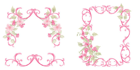 Watercolor pink baroque frames. Valentine's Day, pink flowers, heart. Pink floral frame in rococo style. Ornament, monogram. Set for decor, wedding, holidays, invitations. Victorian royal style.