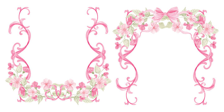 Watercolor pink baroque frames. Valentine's Day, pink flowers, heart. Pink floral frame in rococo style. Ornament, monogram. Set for decor, wedding, holidays, invitations. Victorian royal style.