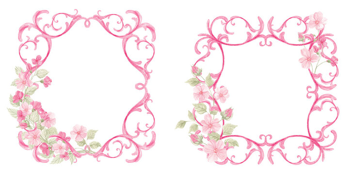 Watercolor pink baroque frames. Valentine's Day, pink flowers, heart. Pink floral frame in rococo style. Ornament, monogram. Set for decor, wedding, holidays, invitations. Victorian royal style.