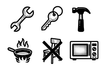Fototapeta premium Vintage icon set: tools, key, hammer, pan, broken chair, microwave