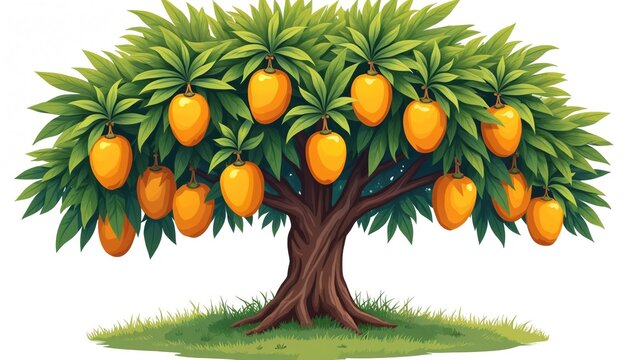 Ripe mangoes hang from lush green tree branches in a sunny garden. Illustration shows a healthy, ripe fruit tree ready for harvest in the summer season.