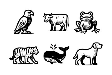 Monochrome animal icons set featuring eagle, cow, frog, tiger, whale, and dog in retro style