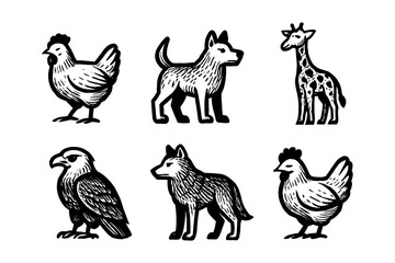 Vintage animal woodcut illustrations: farm, wild, and domestic creatures
