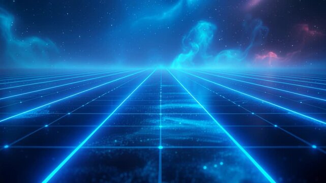 Futuristic landscape neon grid cyber space virtual reality digital background blue light science fiction glowing line holographic floor starry sky abstract blue horizon landscape with particle energy