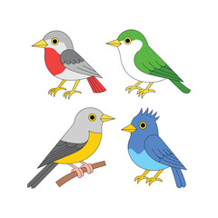 Fototapeta premium Four colorful cartoon birds with yellow beaks and feet vector illustration a white background robin green bird.