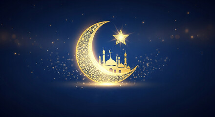 GoldenCrescentMoonWithMosqueSilhouetteAndStarAgainstDeepBlueStarryNightSky