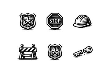 Set of retro safety icons: traffic sign, badge, hard hat, barrier, key in vintage style
