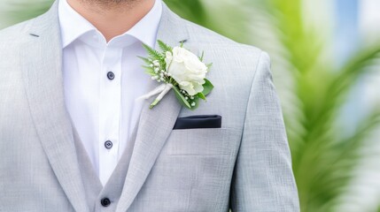 Elegant Attire: A close-up shot of a well-dressed gentleman, impeccably dressed in a light grey suit. The pristine white shirt, coupled with a pristine white flower