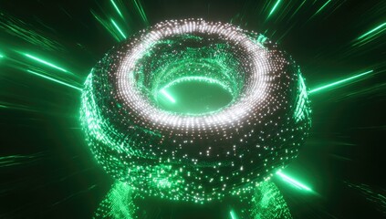 Animated, glowing abstract torus shape surrounded by emerald green beams in a dark space
