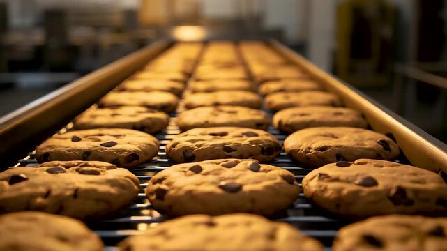 Fresh Chocolate Chip Cookies Baking on Industrial Conveyor Belt in Warm Bakery Factory