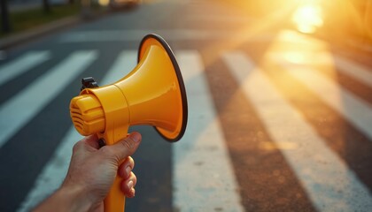 Person holds yellow megaphone on crosswalk during sunny day. Loudspeaker makes announcement or promotes idea. Public message spread via device on road.
