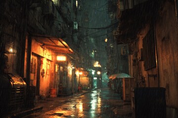 Fototapeta premium Dark, rainy alleyway illuminated by warm light. Narrow street, old buildings, reflections on wet surfaces
